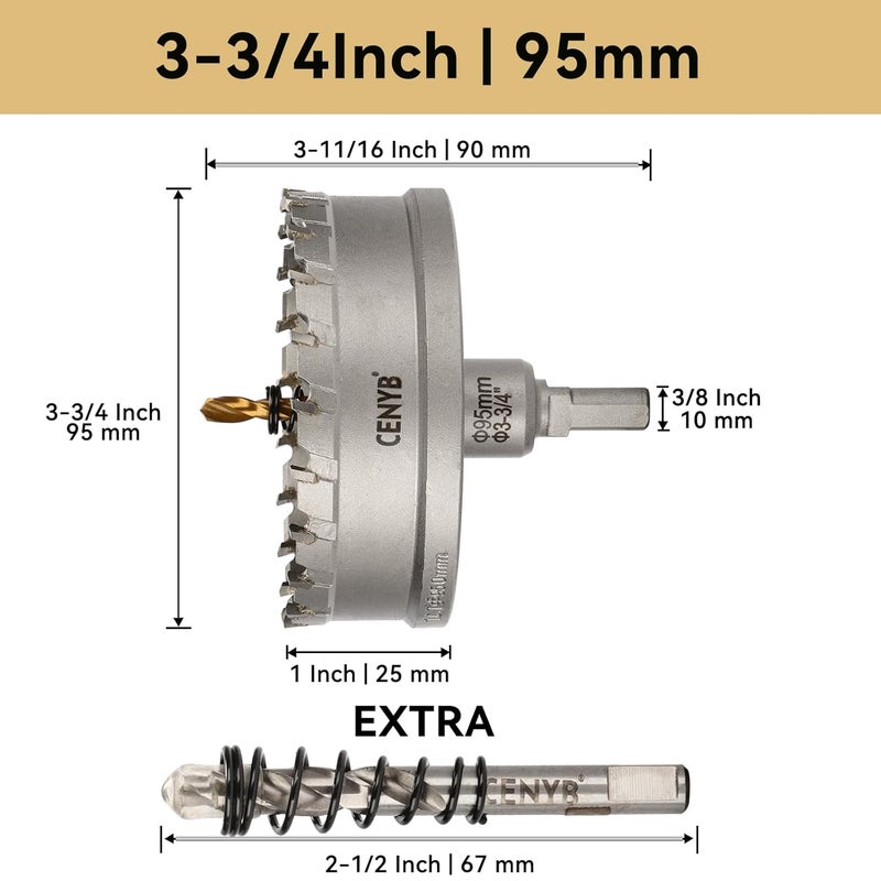 cenyb 3-3/4" (95mm) Tungsten Carbide Tipped Hole Saw with 2Pcs Titanium-Plated Pilot Drill Bits for Hard Metal,Stainless Steel,Iron,Aluminum Alloy,Wood and Plastic - Image 2